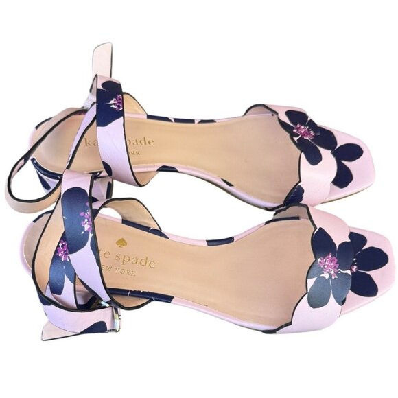 Kate Spade New York Pink Floral Strappy Sandals With Navy Flower Print.Size 8B - Picture 5 of 11